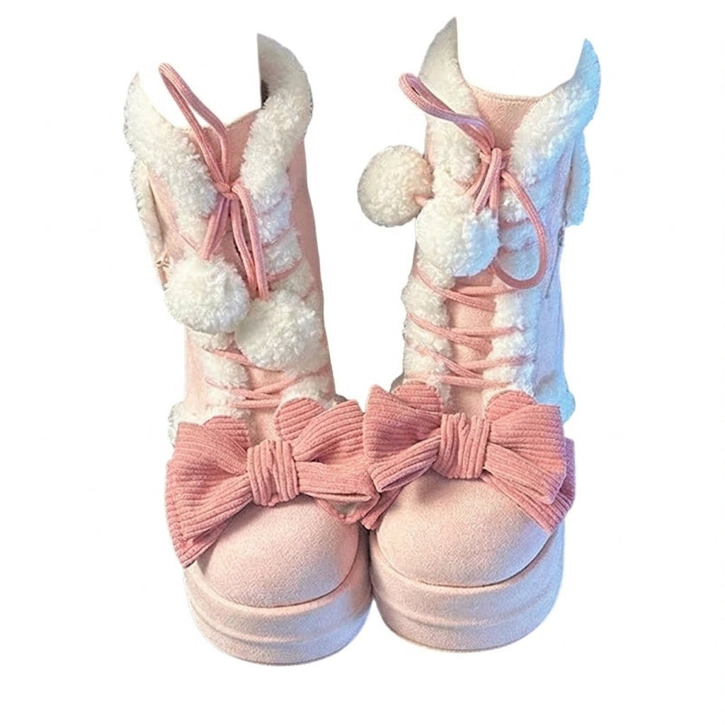 Jirai Kei Pink Bow Pom-Pom Lace-Up Plush Snow Boots Shoptery