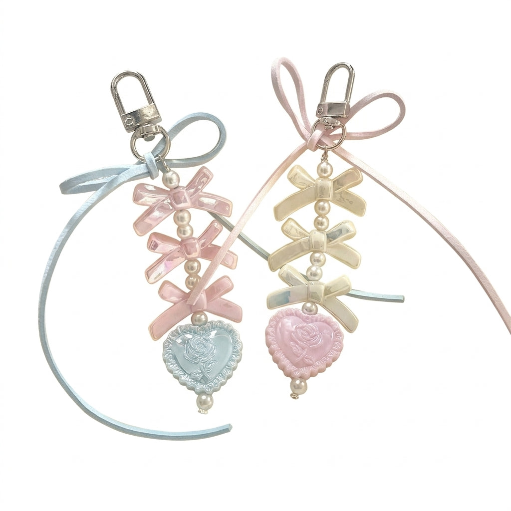 Fairy Kei Pastel Bow Pearl Rose Heart Bag Charm Keychain Shoptery