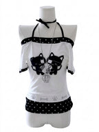 Jirai Kei Black Cat Polka Dot Off-Shoulder Halter Top with Necklace WHITE Shoptery