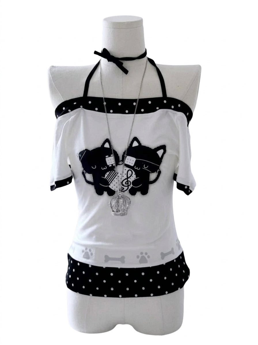 Jirai Kei Black Cat Polka Dot Off-Shoulder Halter Top with Necklace WHITE Shoptery