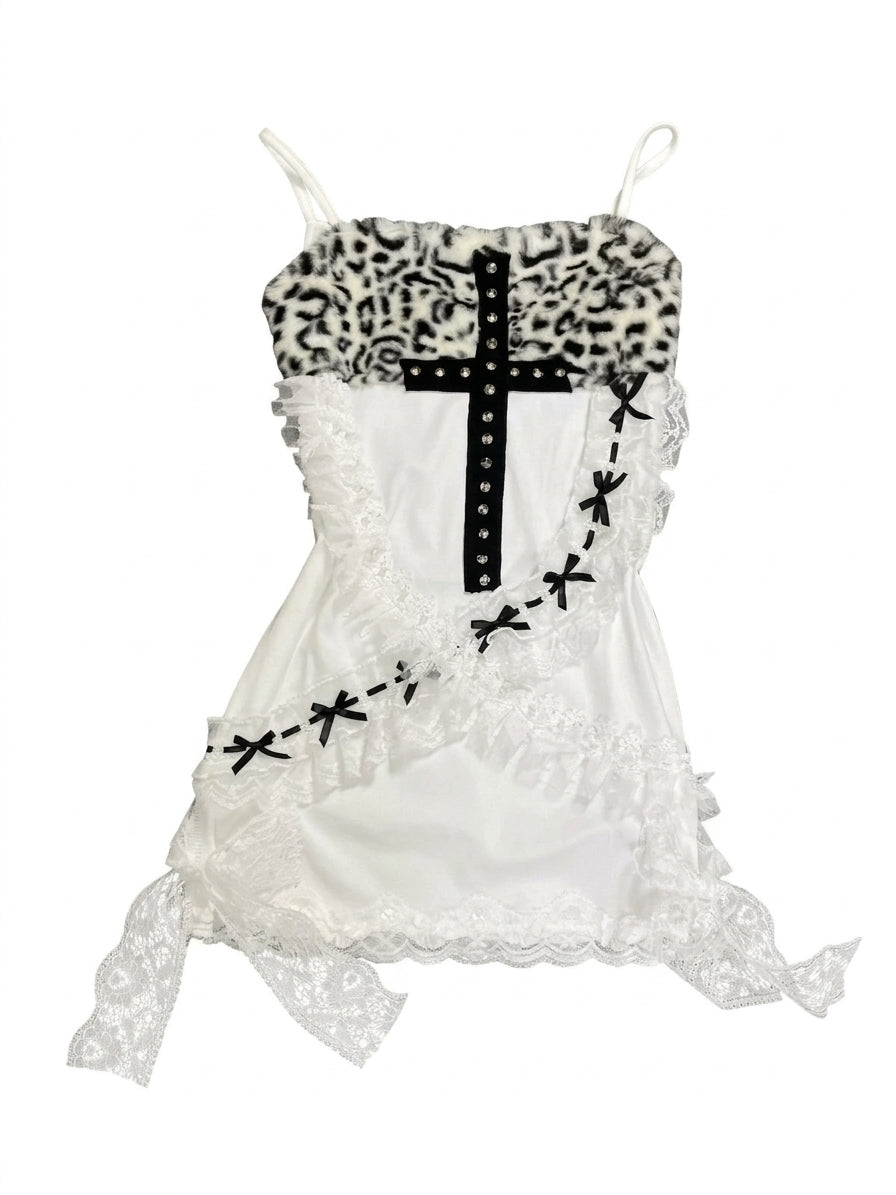 Jirai Kei Rhinestone Cross Leopard Lace Ruffle Slip Mini Dress WHITE Shoptery Main image
