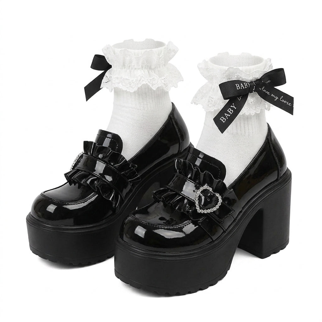 Jirai Kei Black Patent Platform Loafers with Ruffle Heart Buckle Shoptery