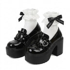 Jirai Kei Black Patent Platform Loafers with Ruffle Heart Buckle Shoptery