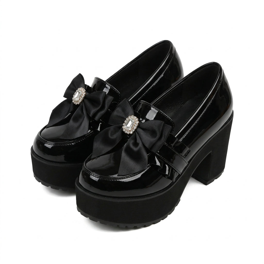 Jirai Kei Black Patent Platform Loafers with Satin Bow & Rhinestone Black glossy Shoptery