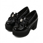 Jirai Kei Black Patent Platform Loafers with Satin Bow & Rhinestone Black glossy Shoptery