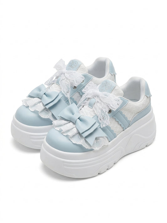 Fairy Kei Baby Blue Lace Bow Platform Chunky Sneakers Shoptery