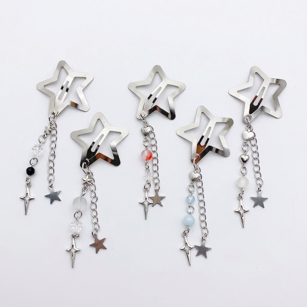 Decora Star Hair Clip Set with Chain Tassel & Bead Charms 5 Shoptery