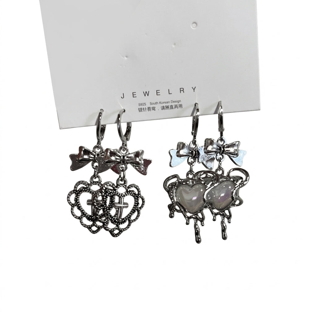 Jirai Kei Mismatched Heart Cross Bow Dangle Earrings Silver Shoptery Main image