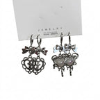 Jirai Kei Mismatched Heart Cross Bow Dangle Earrings Silver Shoptery
