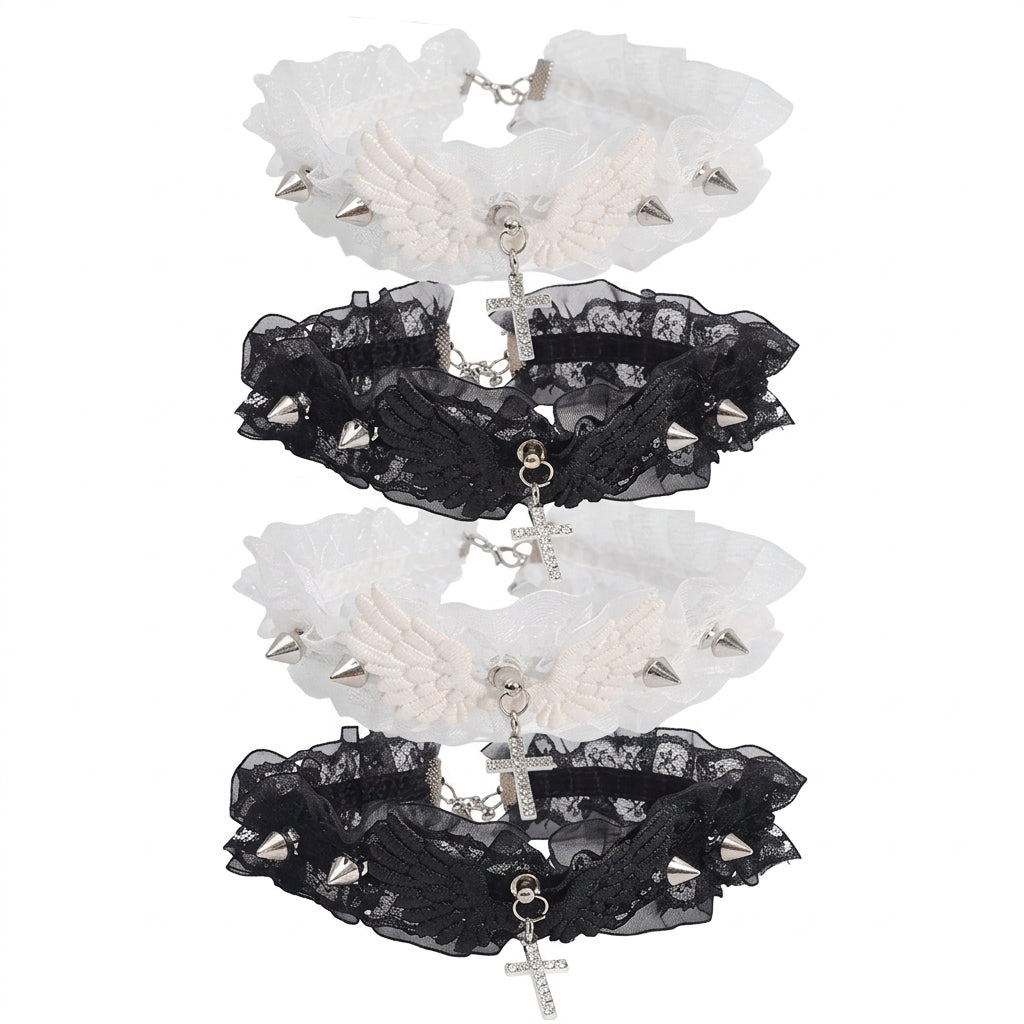 Visual Kei Lace Ruffle Cross Charm Angel Wing Spike Choker Necklace Shoptery
