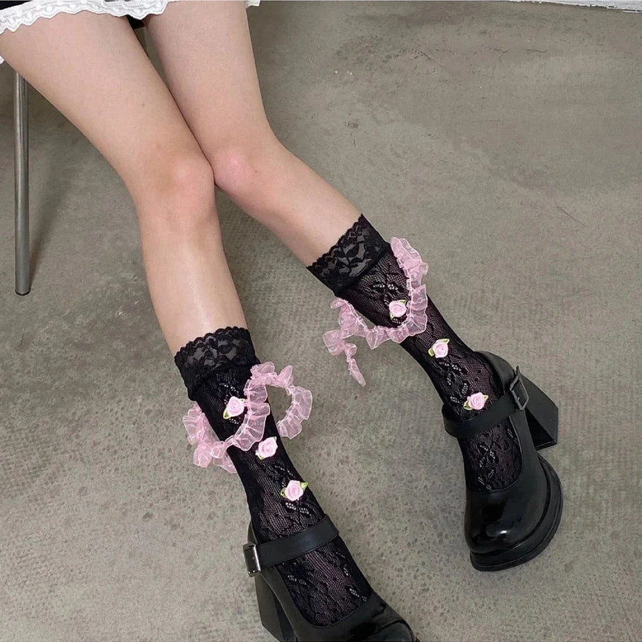 Coquette Medium Tube Rose Lace Socks black one size Shoptery