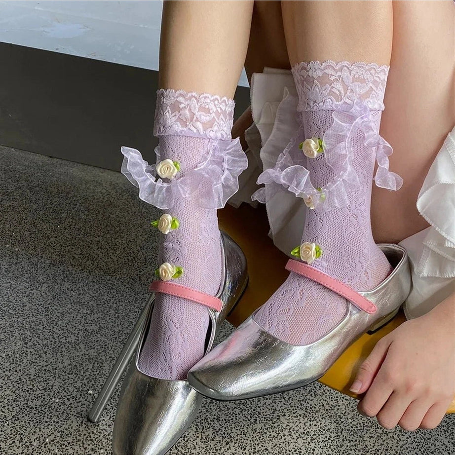 Coquette Medium Tube Rose Lace Socks purple one size Shoptery