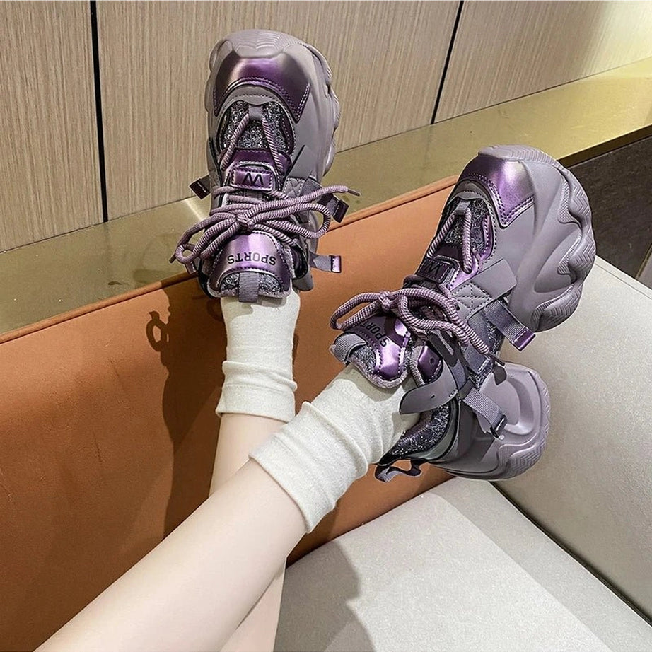 Metallic Violet Edgy Chunky Sneakers Shoptery