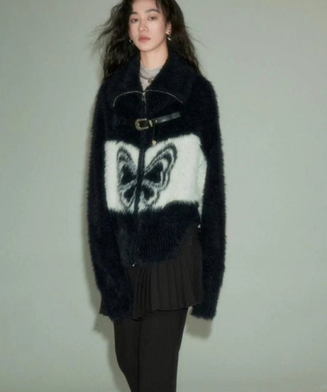 Midnight Butterfly Fuzzy Jacket - Coats & Jackets