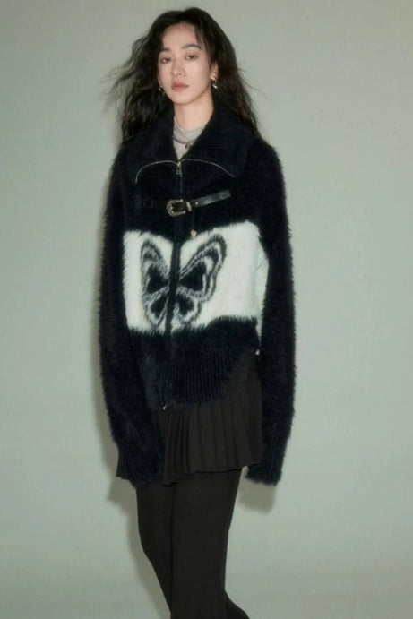 Midnight Butterfly Fuzzy Jacket - Coats & Jackets