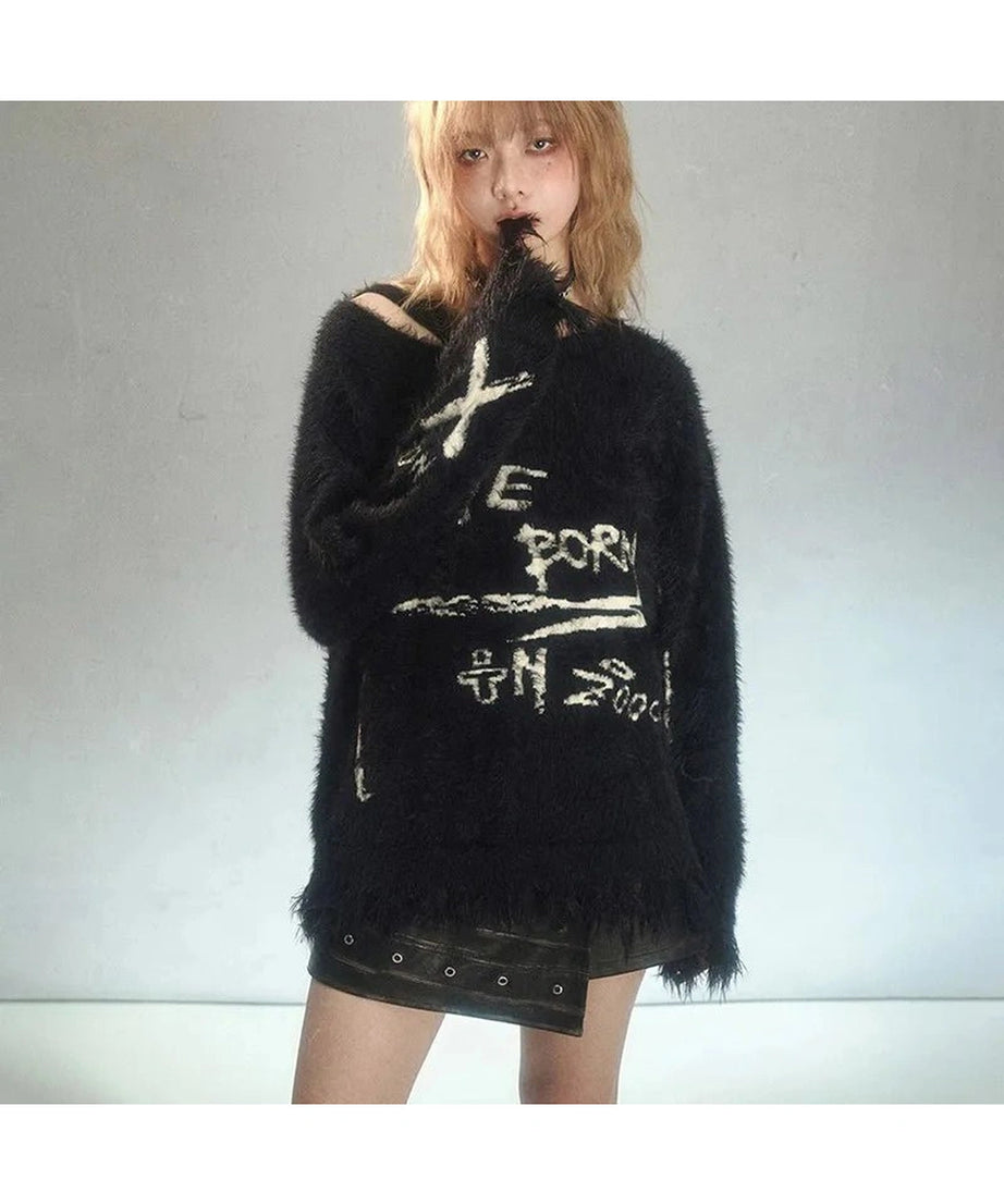 Midnight Chaos Fuzzy Sweater - 