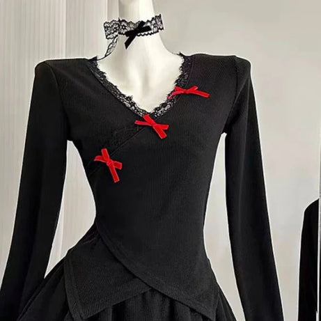 Midnight Doll Goth Long Sleeve Lace Set Only top Shoptery