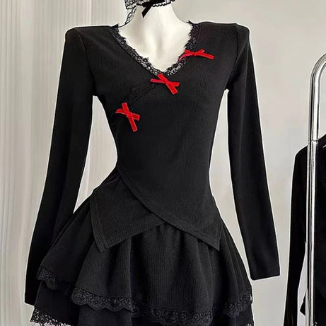 Midnight Doll Goth Long Sleeve Lace Set 2-piece set Shoptery