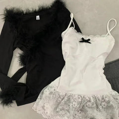 Midnight Elegance Alt Fur-Trim Outfit Set black cardigan set Shoptery