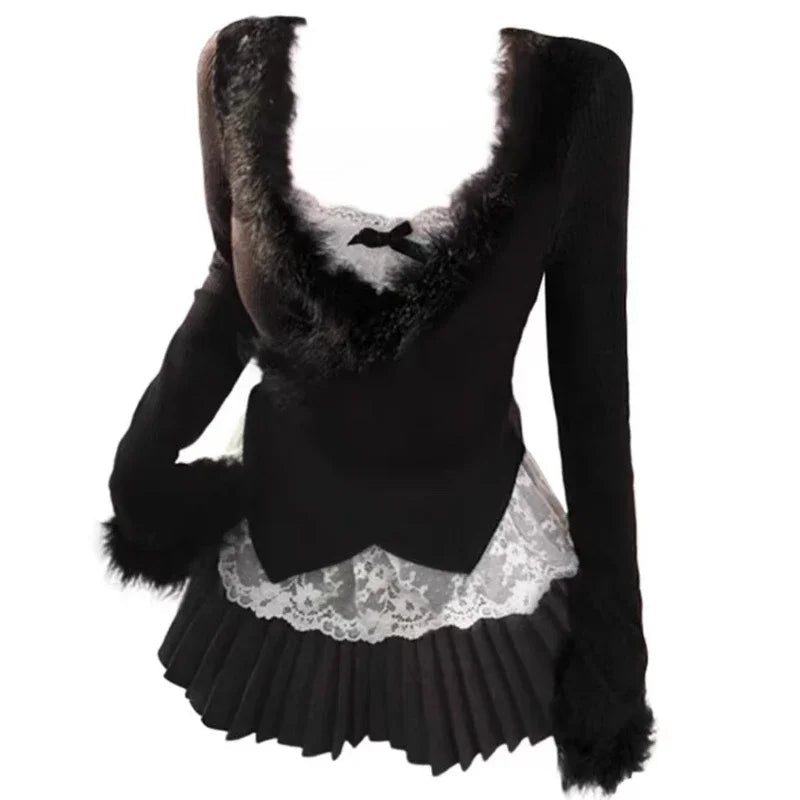 Midnight Elegance Alt Fur-Trim Outfit Set black 3 piece sets Shoptery