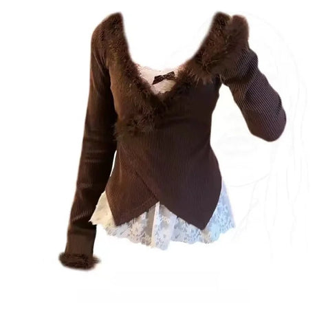 Midnight Elegance Alt Fur-Trim Outfit Set brown cardigan set Shoptery