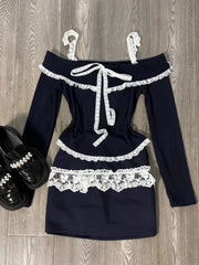 Midnight Coquette Lace Elegance Long Sleeve Set Shoptery