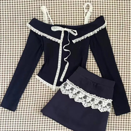 Midnight Coquette Lace Elegance Long Sleeve Set Shoptery