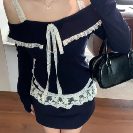 Midnight Coquette Lace Elegance Long Sleeve Set Shoptery