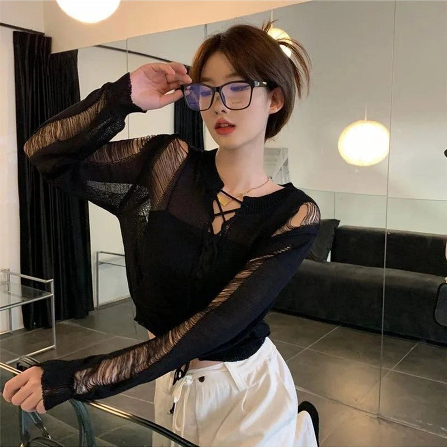 Alt Midnight Lace-Up Mesh Top Shoptery