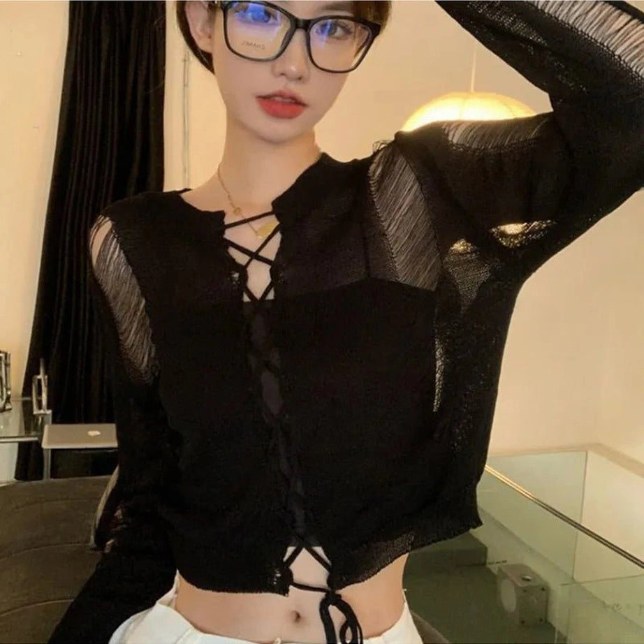 Alt Midnight Lace-Up Mesh Top Black Shoptery