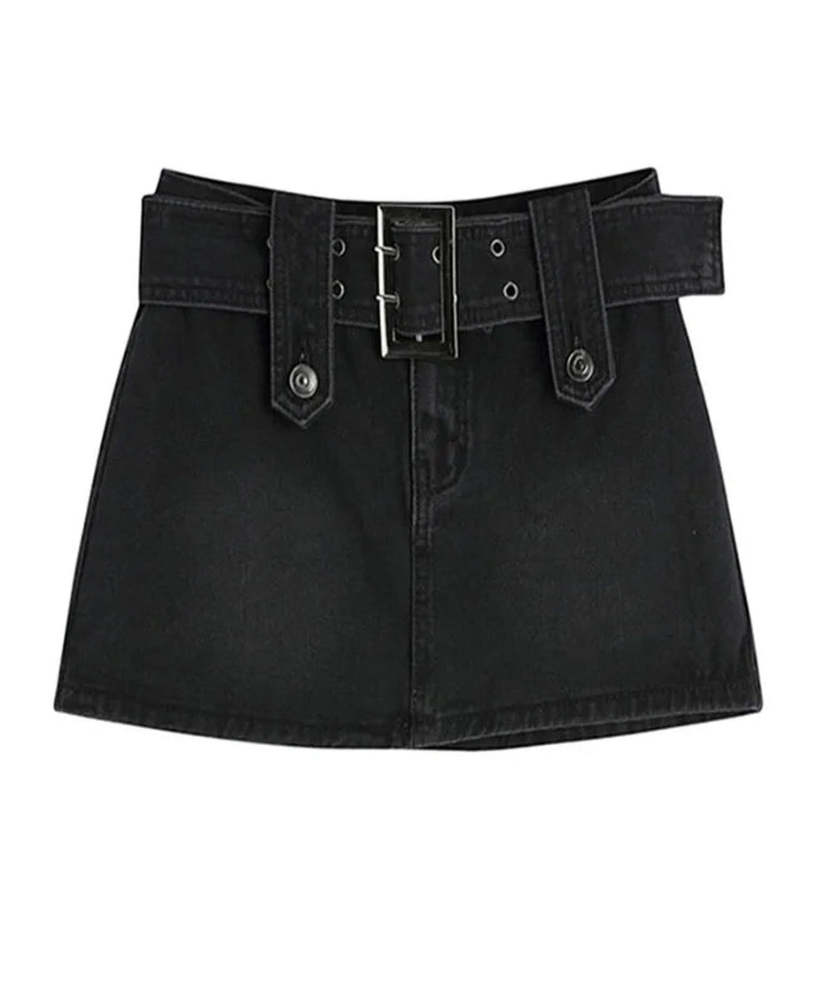 Midnight Rebel Belted Mini Skirt - Denim Skirt