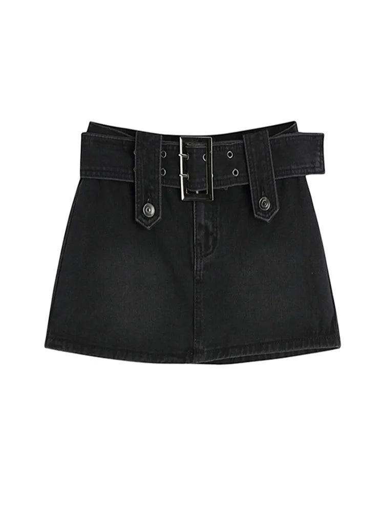 Midnight Rebel Belted Mini Skirt - Denim Skirt