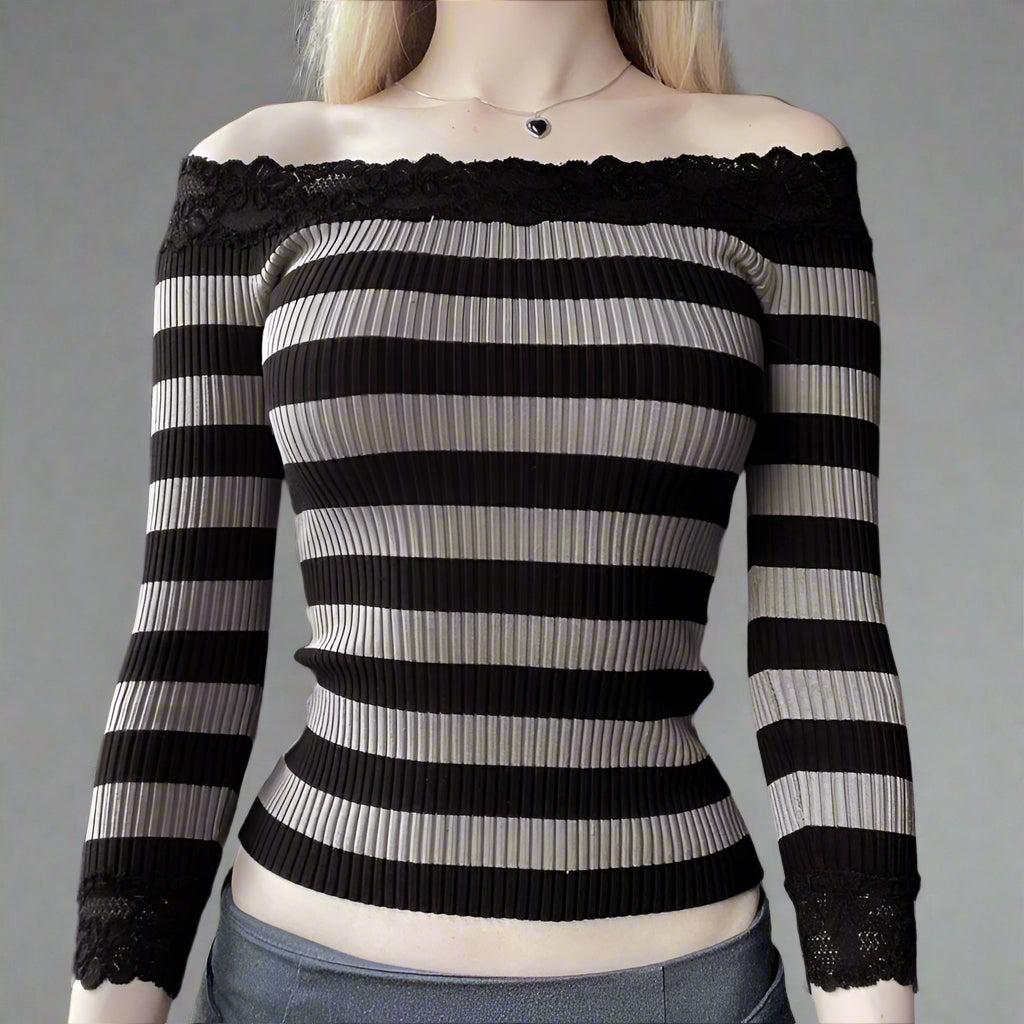 Midnight Stripes Lace Trim Alt Long Sleeve Top black Shoptery