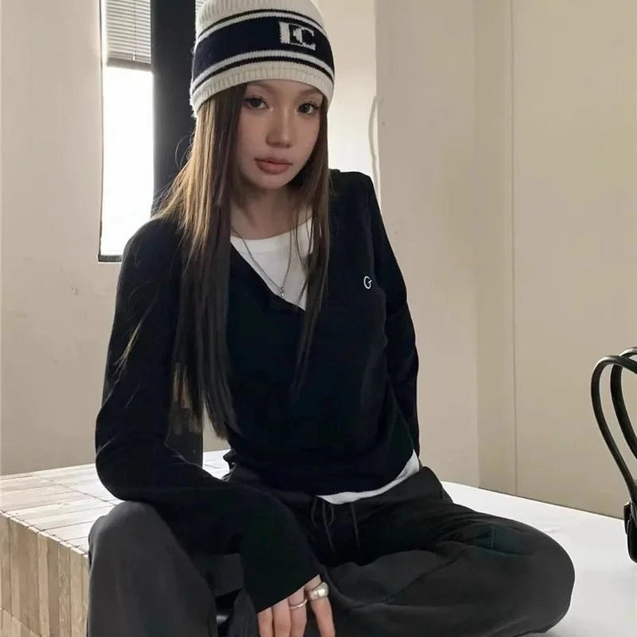 Acubi Minimalist Split Neck Layered Top black Shoptery