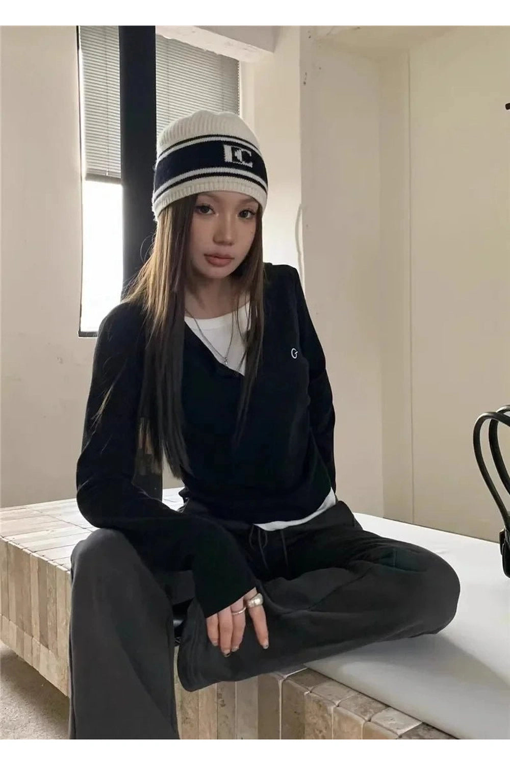 Acubi Minimalist Split Neck Layered Top black Shoptery