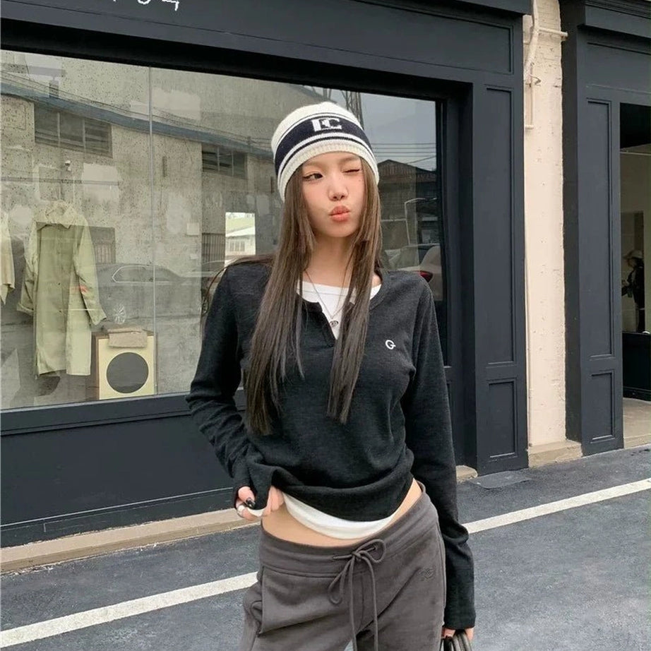 Acubi Minimalist Split Neck Layered Top Shoptery