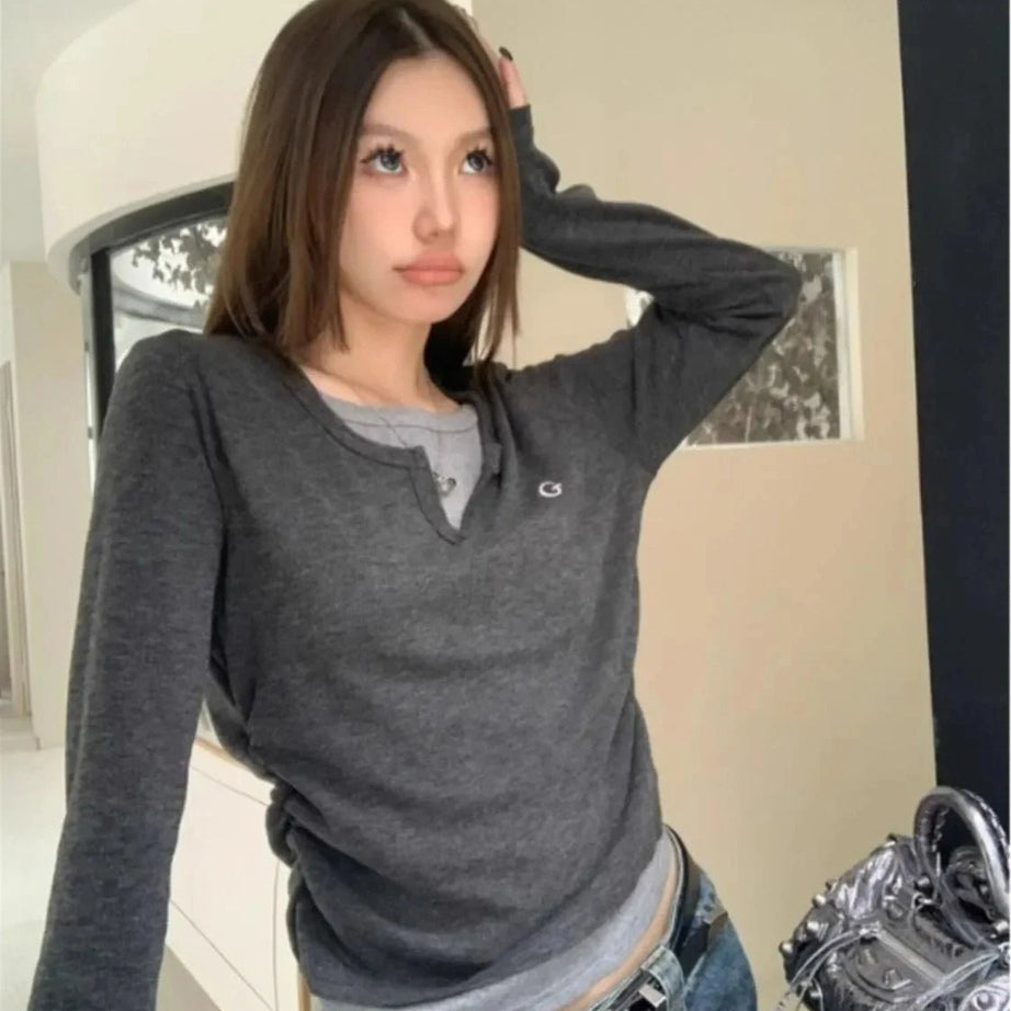 Acubi Minimalist Split Neck Layered Top Shoptery