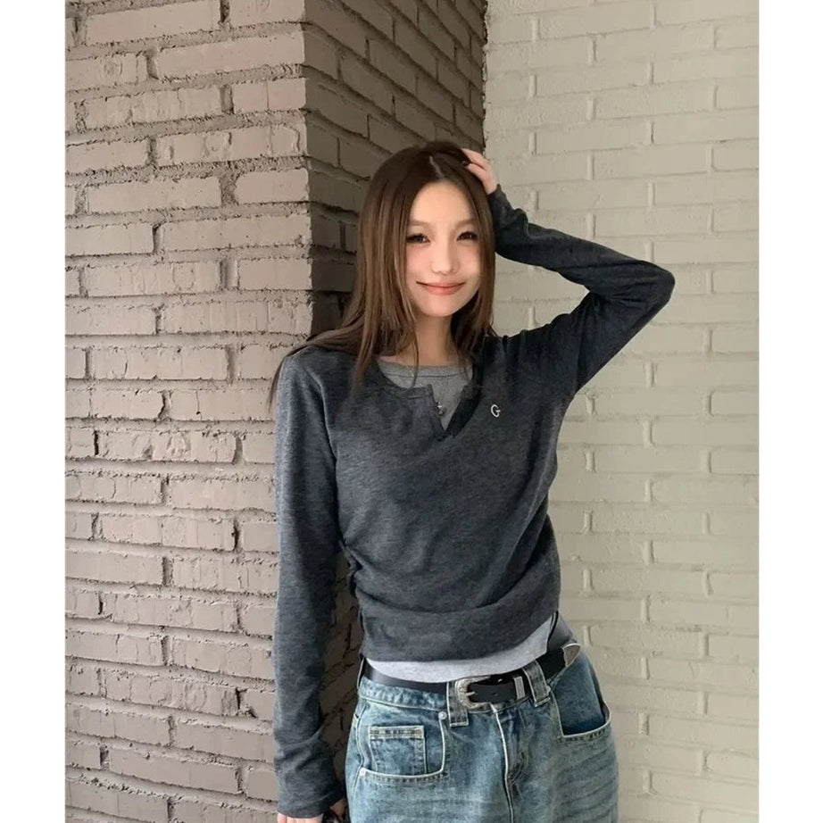 Acubi Minimalist Split Neck Layered Top Shoptery