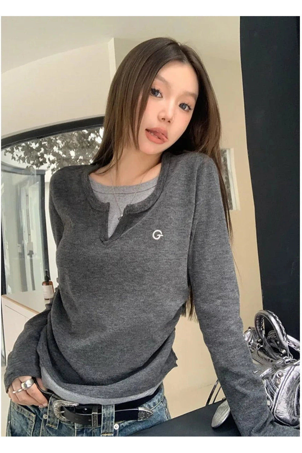 Acubi Minimalist Split Neck Layered Top gray Shoptery