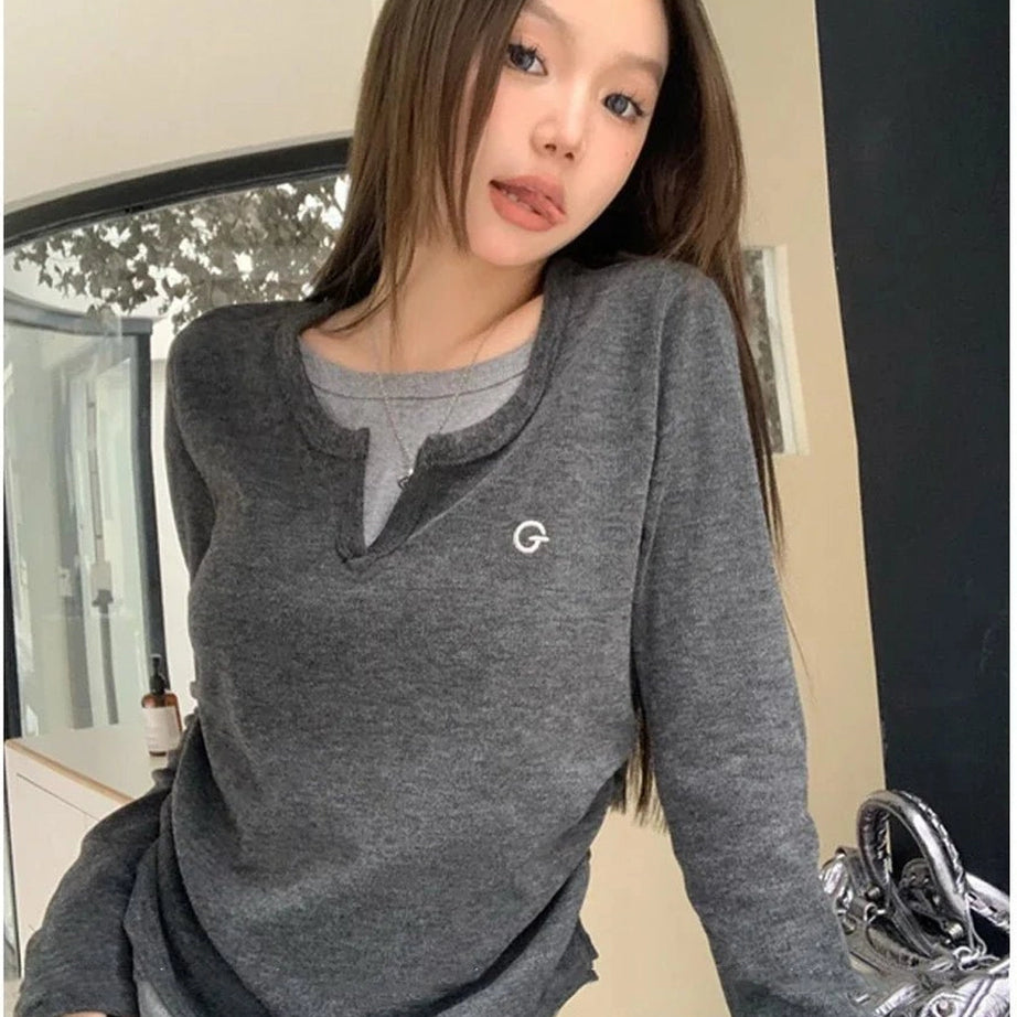 Acubi Minimalist Split Neck Layered Top gray Shoptery