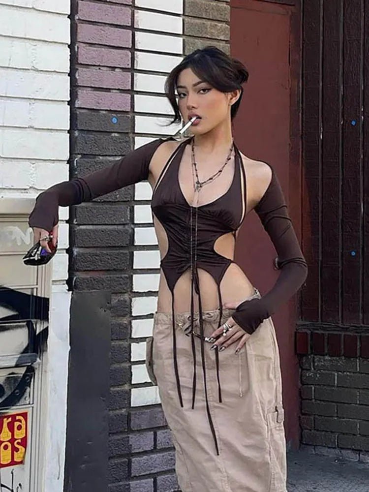 Alt Mocha Ruched Tie-Up Top Shoptery