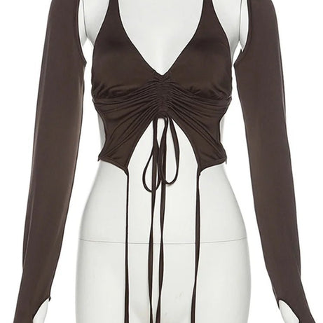 Alt Mocha Ruched Tie-Up Top Shoptery