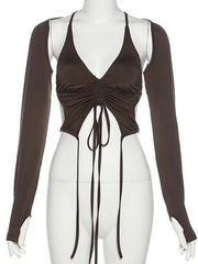 Alt Mocha Ruched Tie-Up Top Shoptery