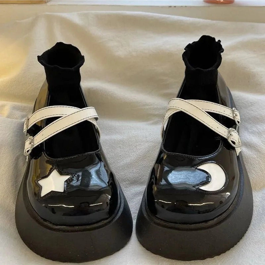 Moon & Star Kawaii Platform Mary Janes Shoes black Shoptery