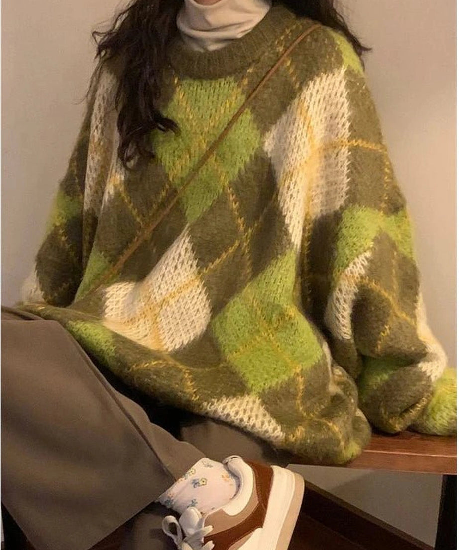 Mossy Plaid Oversized Sweater - Sweaters