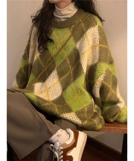 Mossy Plaid Oversized Sweater - Sweaters