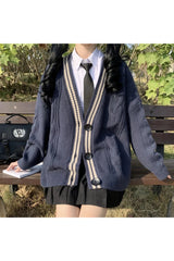 Retro Navy Preppy Varsity Cardigan Navy Blue One Size Shoptery