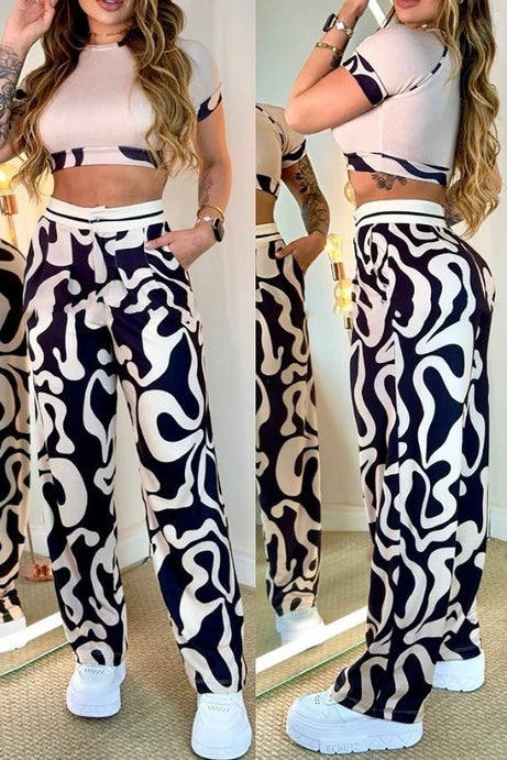 New Abstract Print Crop Top & Pocket Design Pants Set - 