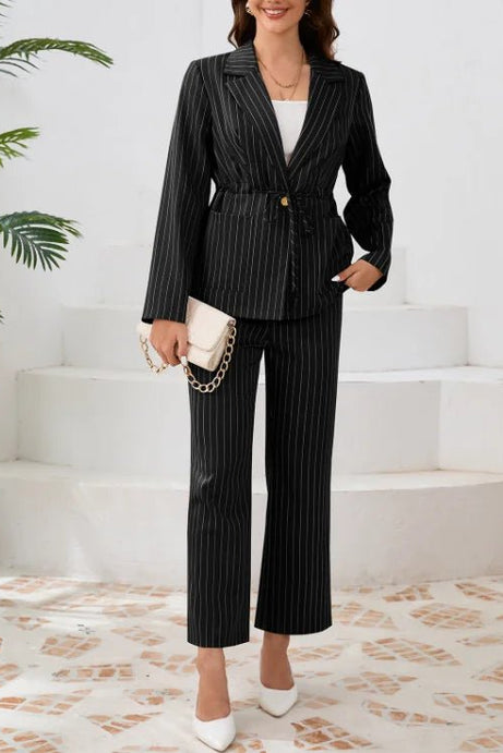 New Casual Striped Lapel Slim Strap Suit Jacket Straight Leg Pants Set - 