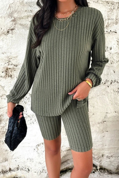 New Casual Suit Long Sleeved Top Three Part Pants Shorts Set - 